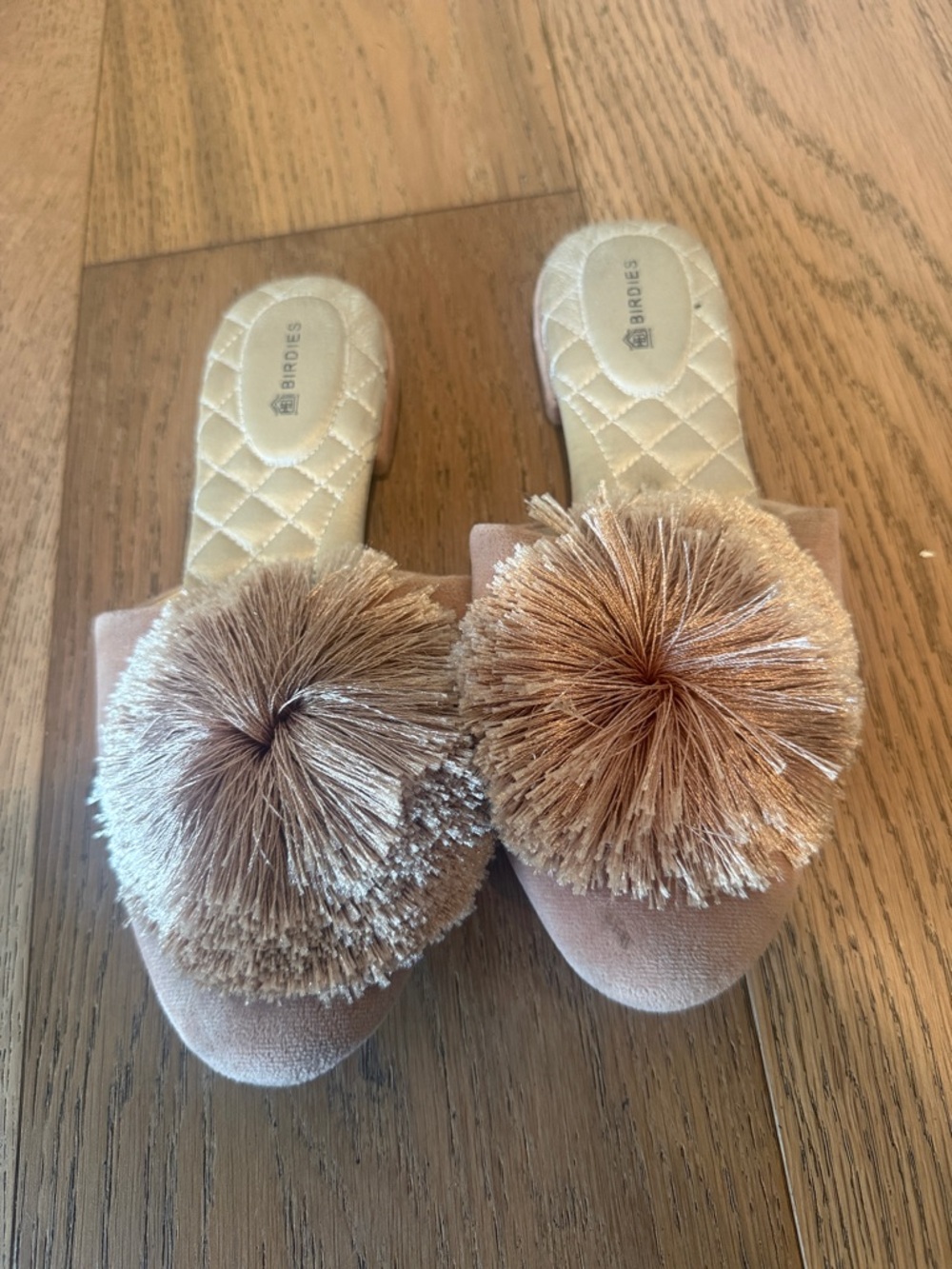 Birdies Taupe Pom-Pom Velvet Slides